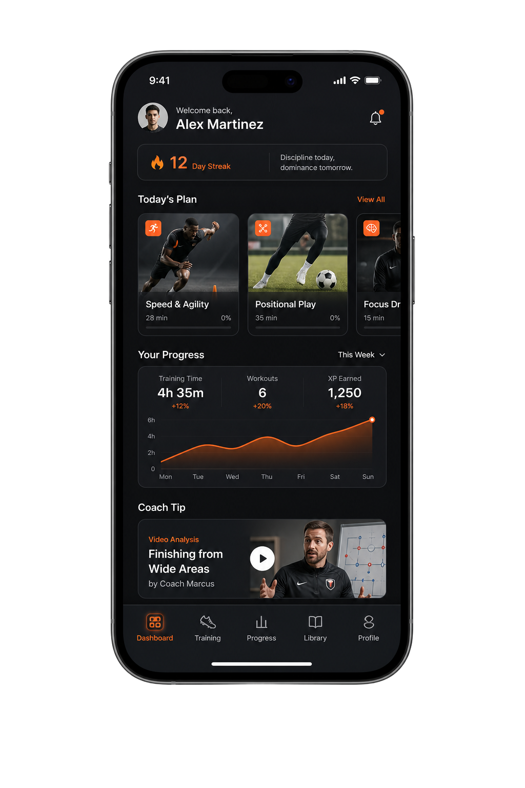 App Goalz de performance, visão do dashboard do atleta